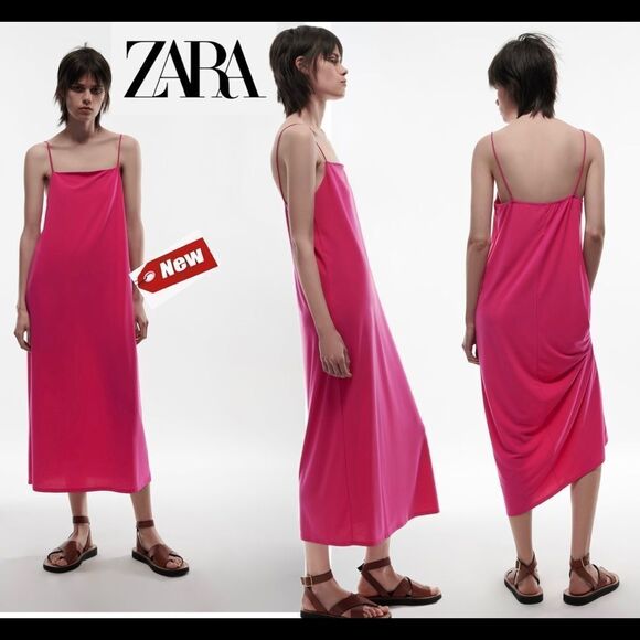 Zara fuchsia pink flowy midi dress Sz L NWT - Picture 1 of 8